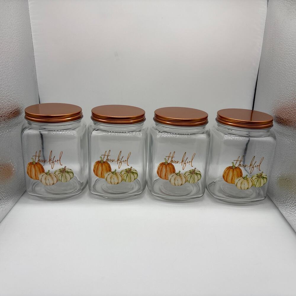 Lot of 4 Thanksgiving Pumpkin Glass Storage Jars 24oz Thankful Fall Decor NEW